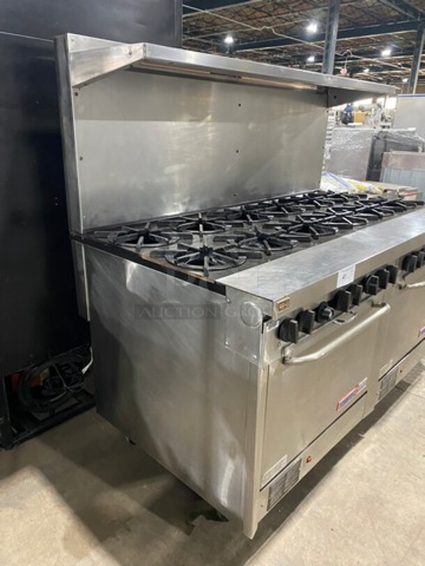 Southbend Commercial Natural Gas Powered 12 Burner Stove! With Raised Back Splash And Salamander Shelf! With 2 Full Size Oven Underneath! All Stainless Steel! On Casters! WORKING WHEN REMOVED! - Image 2 of 10