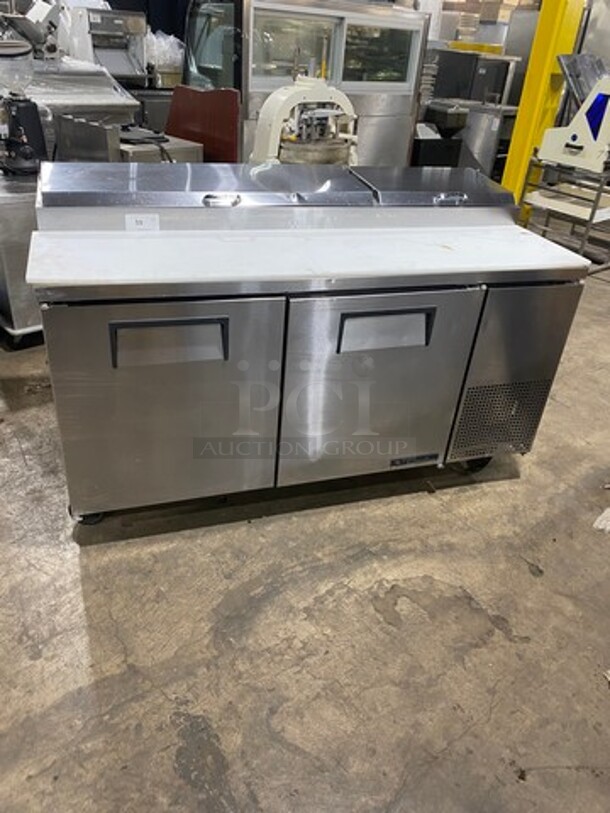 True Commercial Refrigerated Pizza Prep Table! With Commercial Cutting Board! With 2 Door Storage Space Underneath! Poly Coated Racks! All Stainless Steel! On Casters! Model: TPP67 SN: 7985756 115V 60HZ 1 Phase - Image 1 of 12