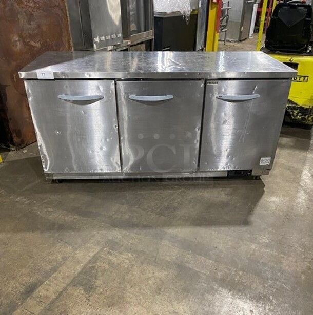 Ikon Stainless Steel Commercial 3 Door Undercounter Freezer on Commercial Casters! MODEL KUC72F SN: KUC72F9024462 115V - Item #1112174