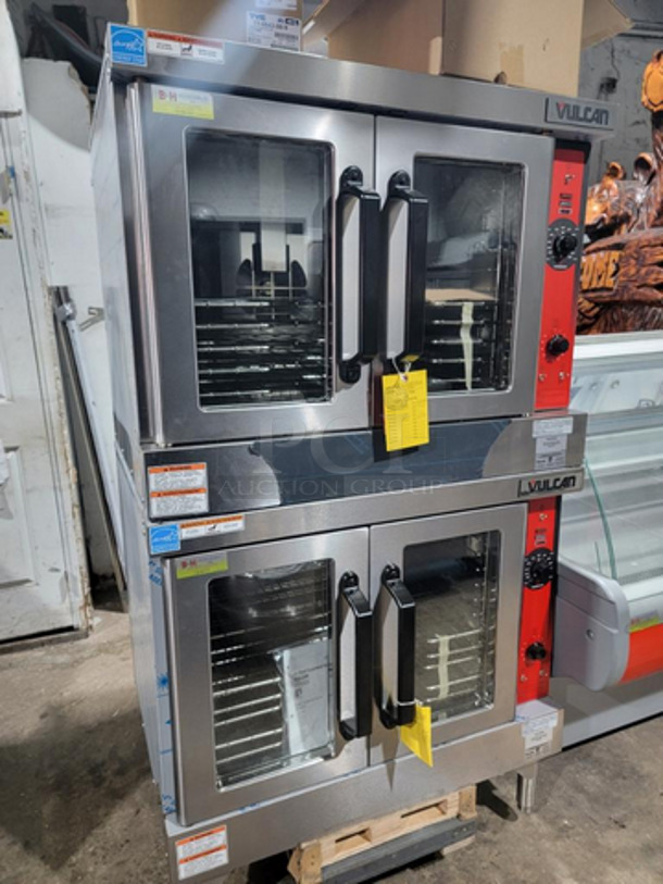 BRAND NEW! OUT OF THE BOX! LATE MODEL! 2022 Vulcan Commercial Natural Gas Powered Double Deck Convection Oven! With View Through Doors! Metal Oven Racks! All Stainless Steel! On Legs! 2x Your Bid Makes One Unit! Model: VC4GD11D150K SN: 482005457