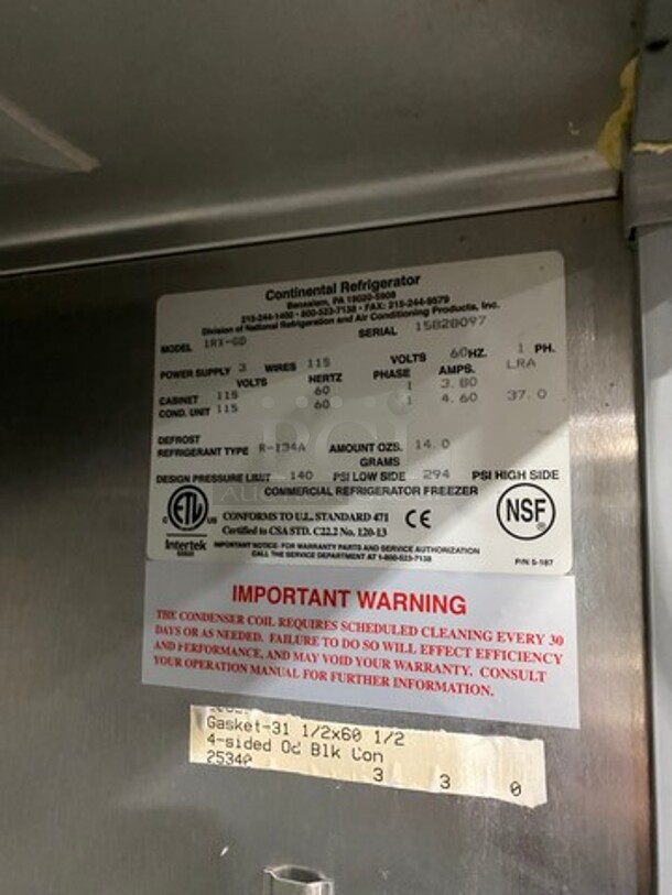 Continental Commercial Single Door Reach In Cooler Merchandiser! With View Through Door! Poly Coated Racks! Model: 1RXGD SN: 15828097 115V 60HZ 1 Phase - Image 7 of 9