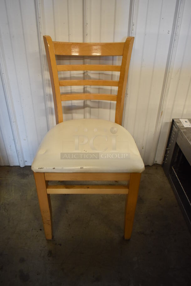 8 Wooden Dining Height Chairs w/ Tan Seat Cushion. Stock Picture - Cosmetic Condition May Vary. 17x20x34. 8 Times Your Bid!