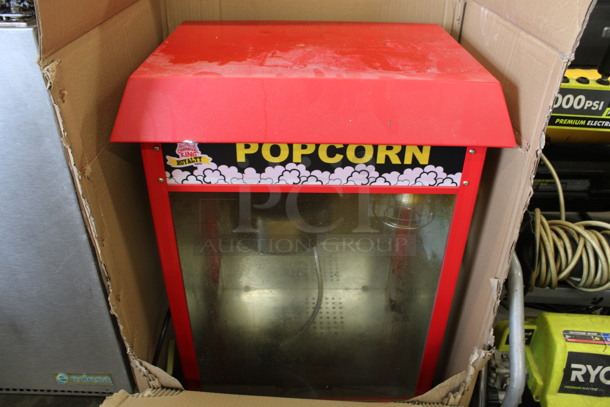 IN ORIGINAL BOX! Carnival King Red Metal Commercial Countertop Popcorn Machine and Merchandiser. 110 Volts, 1 Phase. 22x16.5x30. Tested and Working!