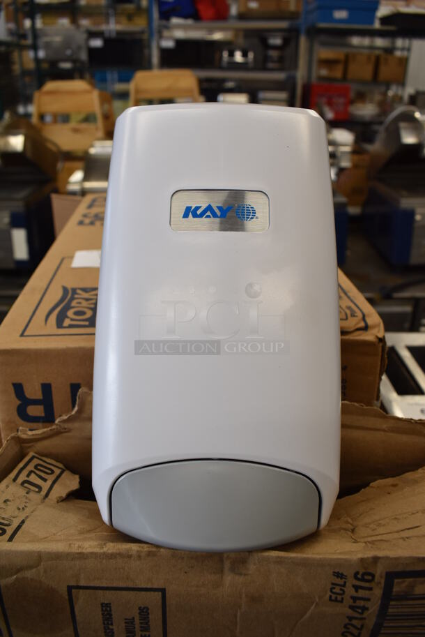 3 BRAND NEW IN BOX! Kay White Poly Wall Mount Soap Dispensers. 6x4x10.5. 3 Times Your Bid!
