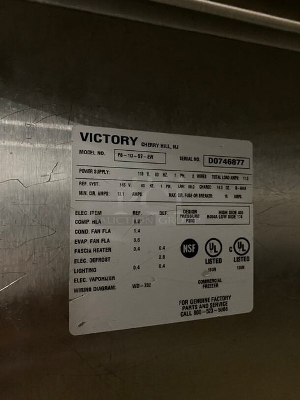 Victory Commercial Single Door Reach In Freezer! All Stainless Steel! On Legs! Model: FS1DS7EW SN: D0746877 115V 60HZ 1 Phase - Image 7 of 9