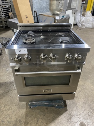 ZLINE Gas Powered 4 Burner Stove! With Oven Underneath! Stainless Steel! On Legs! MODEL: RG30 SN:20082976013!