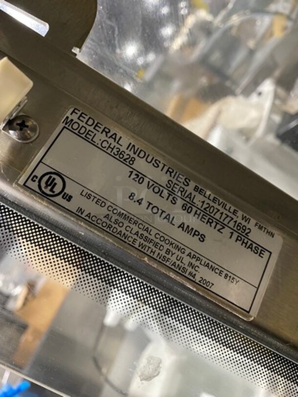 Federal Industries Commercial Countertop Heated Food Holding/ Display Cabinet Merchandiser! With Rear Access Doors! With Curved Front Glass! Stainless Steel Body! Model: CH3628 SN: 12071771692 120V 60HZ 1 Phase - Image 8 of 9