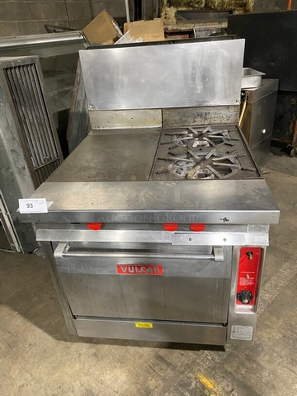 Vulcan Commercial Natural Gas Powered French Top/ Hot Plate Stove With Right Side 2 Burner! With Raised Back Splash! With Oven Underneath! All Stainless Steel! On Legs! Model: GH7245 SN: 481109901AT