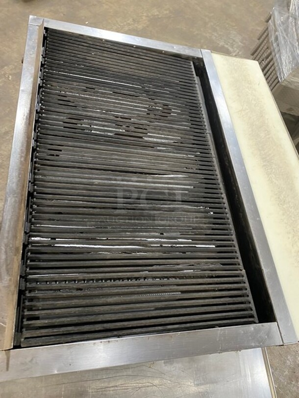 Bakers Pride Commercial Countertop Natural Gas Powered 48 Inch Char Broiler Grill! On Commercial 60 Inch Equipment Stand! With Underneath Storage Space! All Stainless Steel! On Casters! Working When Removed! Model XX8 Serial 592381707002! - Image 5 of 10