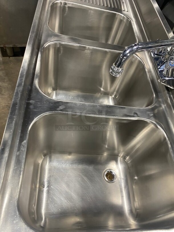SWEET! L & J Commercial 3 Bay Bar Back Sink! With Dual Side Drain Boards! With Back Splash! With Faucets And Handles! All Stainless Steel! On Legs! - Image 6 of 9