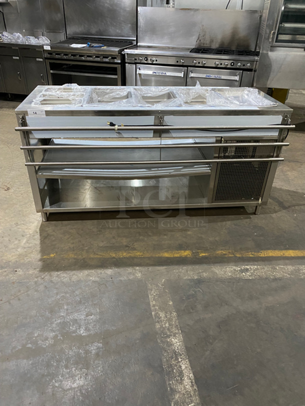 NEW! NEVER USED! Bayonne Commerical 5 Bay Cold Pan/Cold Food Buffet Counter! With Folding Serving Counter! With 2 Shelf Storage Underneath! All Stainless Steel! On Legs! Model: CPM-72 SN:7195 120V 60HZ 1 Phase!