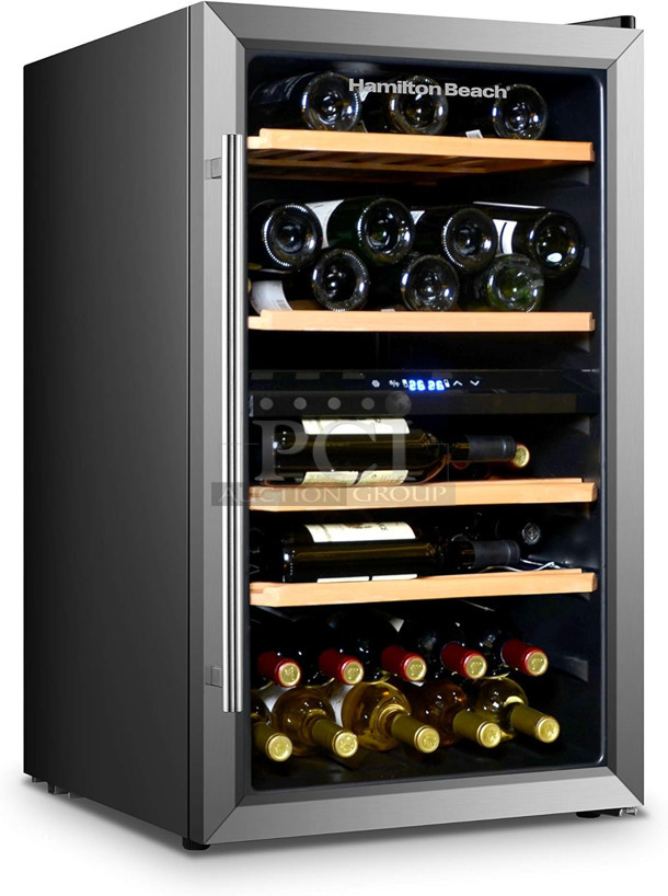BRAND NEW SCRATCH AND DENT! Hamilton Beach HBWF4300-6COM Stainless Steel 43-Bottle Wine Cooler Fridge Cellar with Wooden Shelves, Digital Control, Mirror Finish. 115 Volts, 1 Phase. Tested and Working! - Image 1 of 9