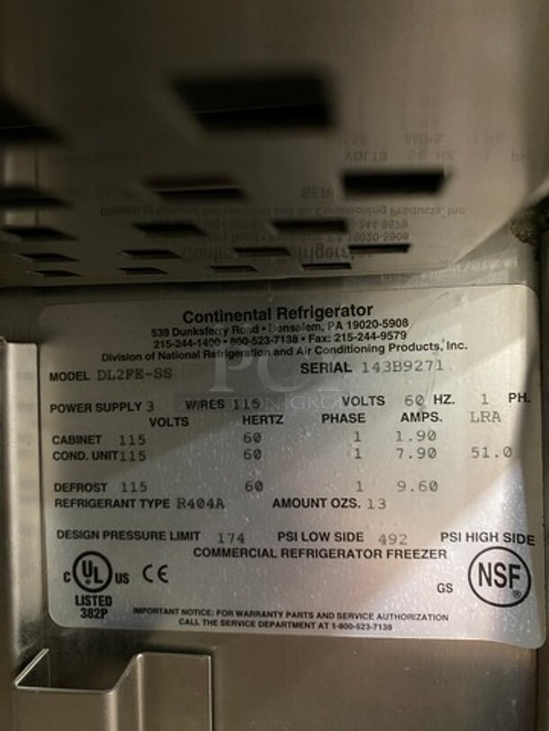 Continental Commercial 2 Door Reach In Freezer! Solid Stainless Steel! On Casters! Model: DL2FESS SN: 143B9271 115V 60HZ 1 Phase - Image 7 of 11