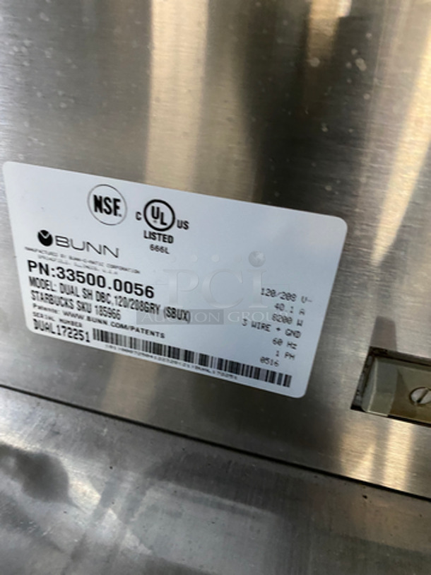 Bunn Commercial Countertop Dual Coffee Brewing Machine! All Stainless Steel! On Small Legs! Model: DUALSHDBC SN: DUAL172251 120/208V 60HZ 1 Phase - Image 7 of 8