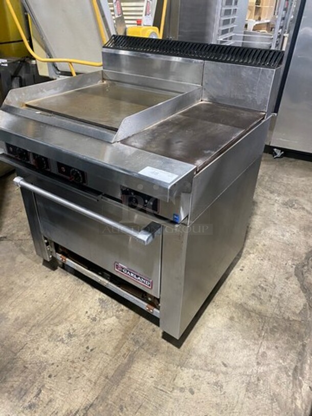 NICE! Garland Commercial Electric Powered Flat Griddle With Right Side Hot Plate! Griddle Has Side Splashes! With Back Splash! With Oven Underneath! All Stainless Steel! On Legs! WORKING WHEN REMOVED! Model: S6861R24L SN: 0009RE087R 208V 60HZ 3 Phase - Image 2 of 12