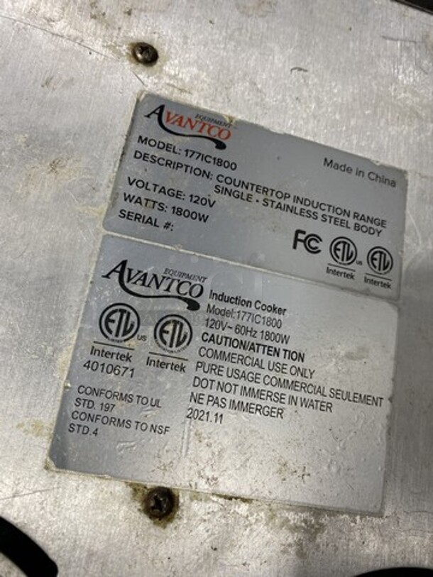 Avantco Counter Top Electric Induction Burner! Model 177IC1800! 1800Watts 1 Phase!  - Image 7 of 8
