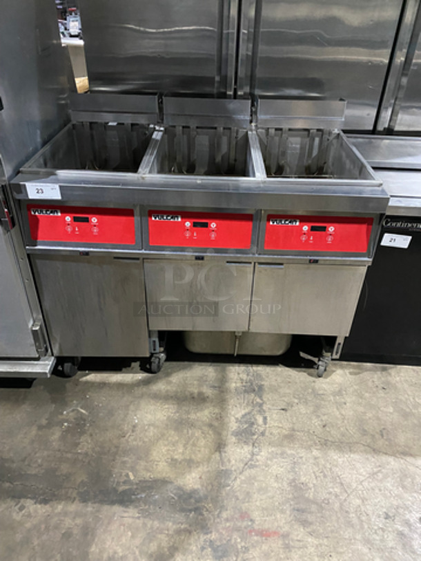 SWEET! Vulcan Electric Powered Commercial 3 Bay Deep Fat Fryer! With Backsplash! With Oil Filter! All Stainless Steel! On Casters! Model: 3ERD50F SN: 481513553 480V 60HZ 3 Phase!