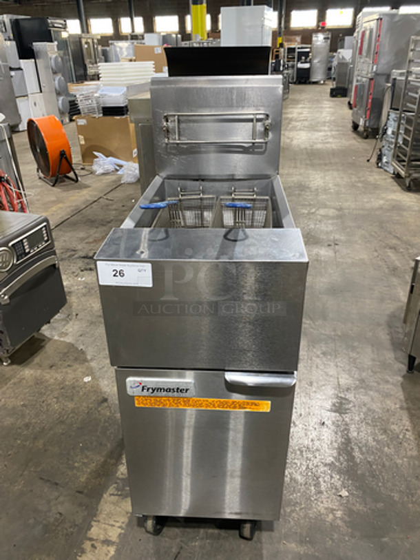 Frymaster Commercial Natural Gas Powered Deep Fat Fryer! With 2 Frying Baskets! With Backsplash! All Stainless Steel! On Casters! Model: GF40SC SN: 1801FJ0012