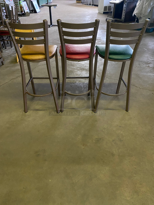 Green, Red, And Tan Bar Height Chairs! With Footrest! With Brown Metal Body! 3x Your Bid! - Image 5 of 6