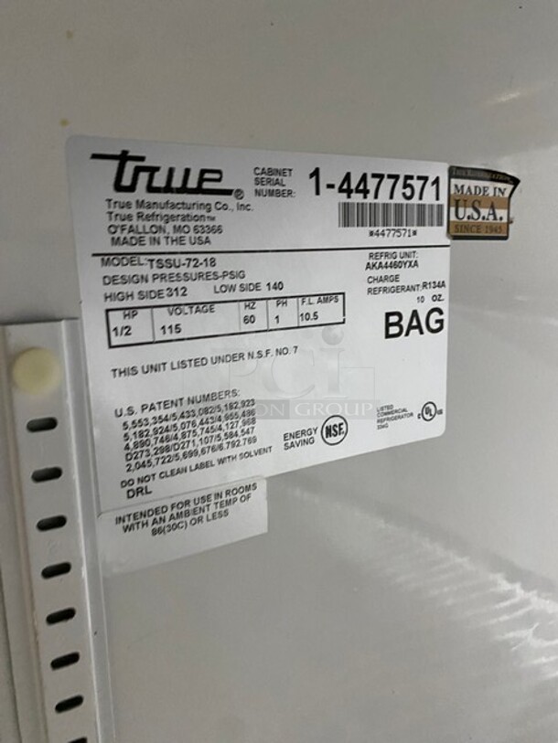 True Commercial Refrigerated Mega Top Sandwich Prep Table! With 3 Door Storage Space Underneath! Poly Coated Racks! All Stainless Steel! On Casters! Model: TSSU7218 SN: 14477571! 115V 60HZ 1 Phase! - Image 7 of 9