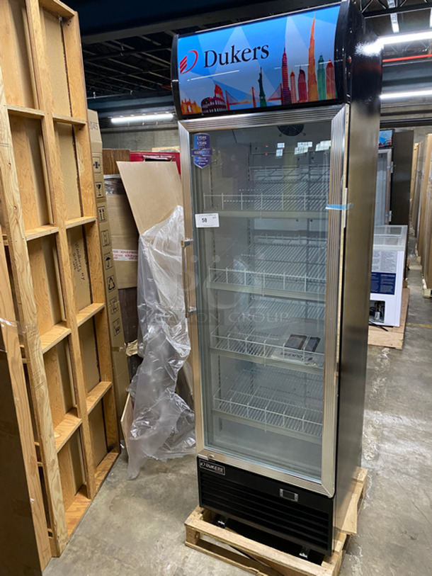 SCRATCH & DENT! Dukers Commercial Single Door Reach In Freezer Merchandiser! With View Through Door! With Poly Coated Drink Racks! Powers On, Doesn't Go Down To Temp! Model: LG430F 115V 60HZ 1 Phase