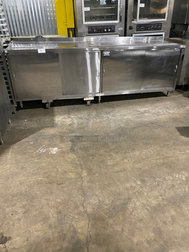 All Stainless Steel Custom Made Commercial Work Top Table! With Drain Board! Perfect For Coffee Stations Or Beverage Stations! With Back Splash! With 4 Door Storage Space Underneath! Solid Stainless Steel! On Legs!