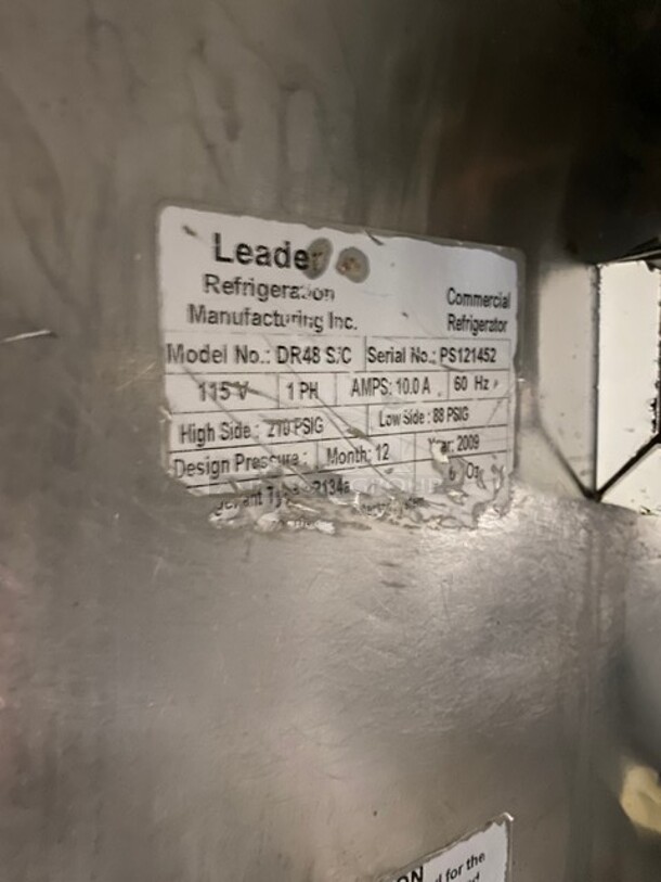 Leader Commercial Refrigerated Lowboy/Work Top Cooler! With 2 Door Refrigerated Storage Underneath! With Stainless Steel Body! On Casters! 115V 1 Phase! Model: DR48 S/C SN: PS121452! - Image 7 of 8