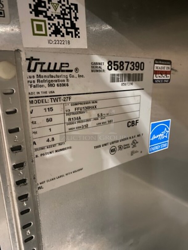 True Commercial Single Door Lowboy/Worktop Freezer! With Back Splash! All Stainless Steel! Model: TWT27F SN: 8587390 115V 60HZ 1 Phase - Image 6 of 8