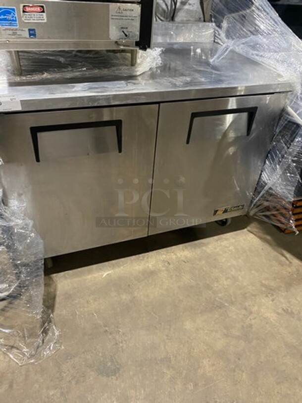 True Commercial 2 Door Refrigerated Lowboy/Worktop Cooler! With Backsplash! All Stainless Steel! On Casters! Model: TWT48 SN: 7399476 115V 60HZ 1 Phase