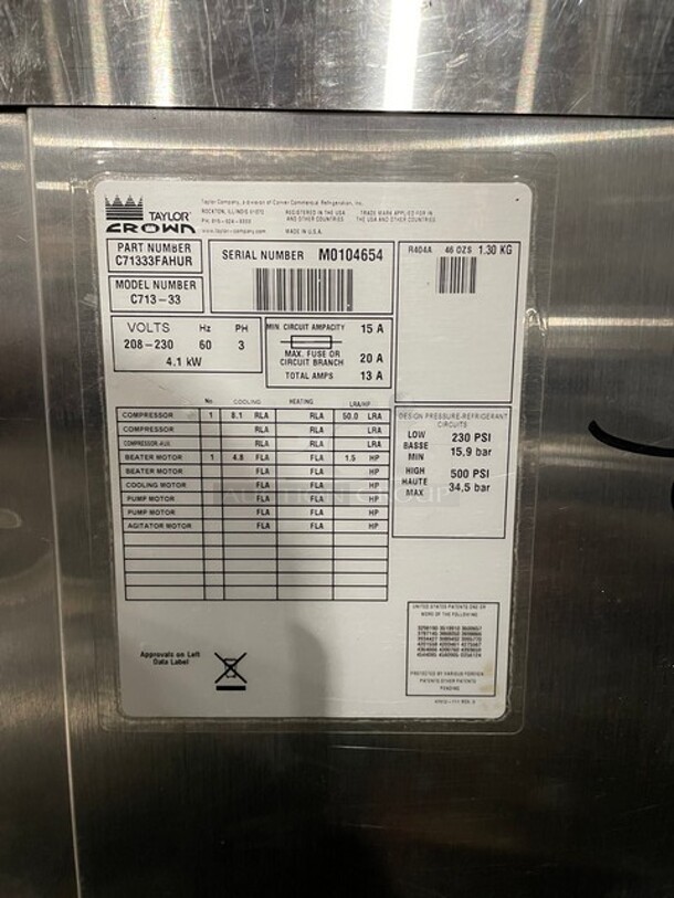 Nice! Taylor Crown Commercial 3 Handle Soft Serve Ice Cream Machine! All Stainless Steel! On Casters! Model: C71333 SN:M0104654 208/230V 3Ph - Image 8 of 10