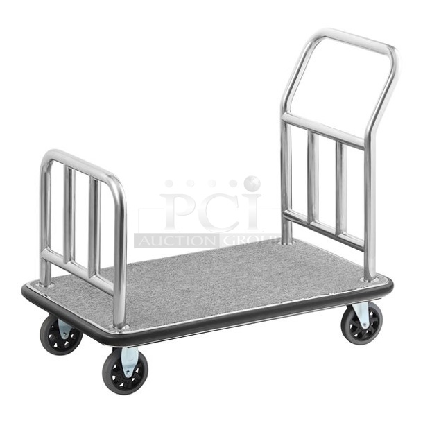 BRAND NEW SCRATCH AND DENT! Lancaster Table & Seating 164LUGCRTCPGR 42" x 24" x 35 3/8" Stainless Steel Gray Carpeted Luggage Cart - Image 1 of 3