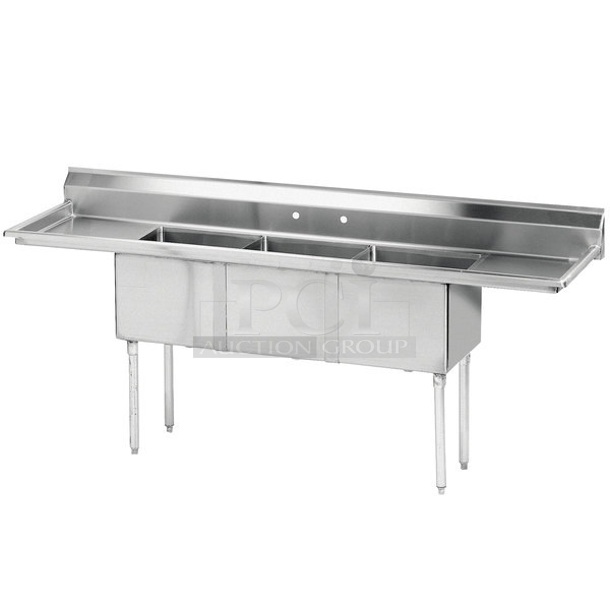 BRAND NEW SCRATCH AND DENT! Advance Tabco FE-3-1824-18RL Three Compartment Stainless Steel Commercial Sink with Two Drainboards - 90" - Image 1 of 8