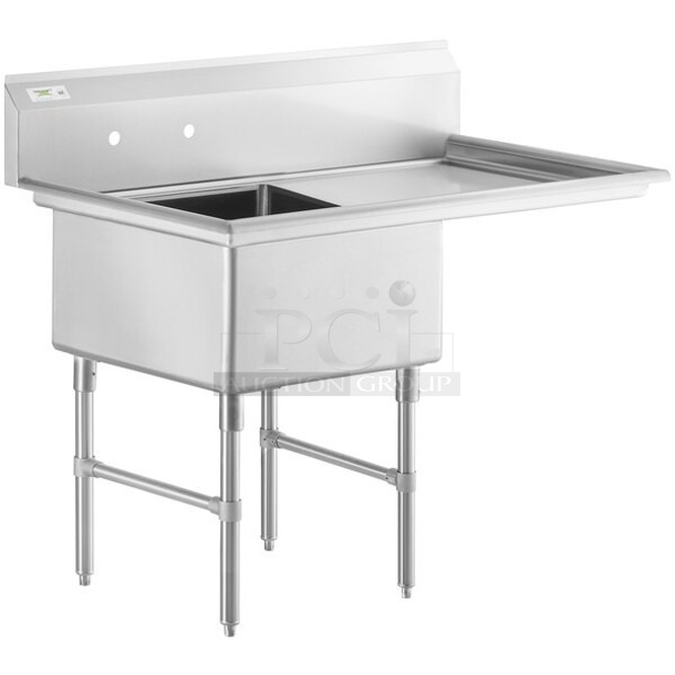 BRAND NEW SCRATCH AND DENT! Regency 600S1242424R 16 Gauge Stainless Steel One Compartment Commercial Sink with Stainless Steel Legs, Cross Bracing, and 1 Drainboard - 24