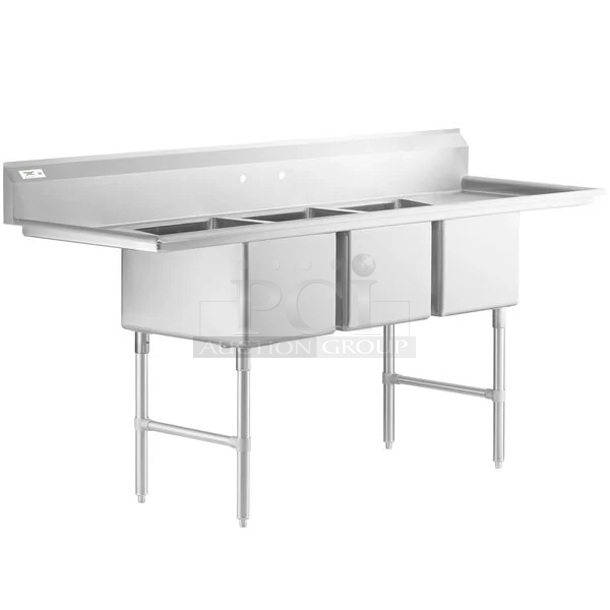 BRAND NEW SCRATCH AND DENT! Regency 600S31824224 Stainless Steel 3 Bay Sink w/ Dual Drain Boards. Bays 18x24x13.5. Drain Boards 22.5x25.5. No Legs. 