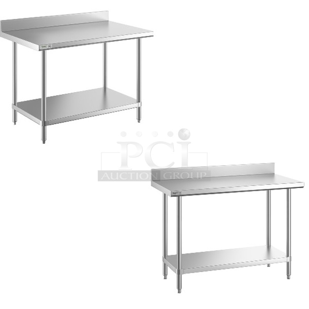 2 BRAND NEW SCRATCH AND DENT! Regency 600TSB3048S 30" x 48" 16-Gauge Stainless Steel Commercial Work Table with 4" Backsplash and Undershelf and Regency 600TSSB2448S Spec Line 24" x 48" 14 Gauge Stainless Steel Commercial Work Table with 4" Backsplash and Undershelf. 2 Times Your Bid! May Be Missing Pieces.  - Image 1 of 4