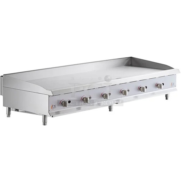 BRAND NEW SCRATCH AND DENT! Cooking Performance Group CPG 351GMCPG72NL Stainless Steel Commercial 72" Gas Countertop Griddle with Manual Controls. 180,000 BTU.  - Image 1 of 4