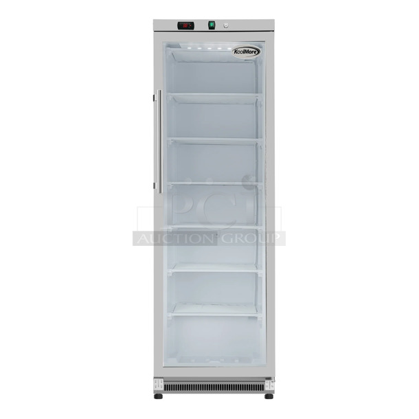 BRAND NEW SCRATCH AND DENT! KoolMore KM-FMD12SGD Stainless Steel Commercial Single Door Reach In Freezer Merchandiser w/ Poly Coated Racks. 115 Volts, 1 Phase. Tested and Does Not Power On