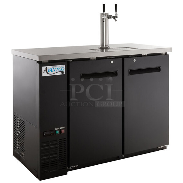 BRAND NEW SCRATCH AND DENT! 2023 Avantco 178UDD48HC Double Tap Kegerator Beer Dispenser - Black, (2) 1/2 Keg Capacity. 115 Volts, 1 Phase. Tested and Working!
