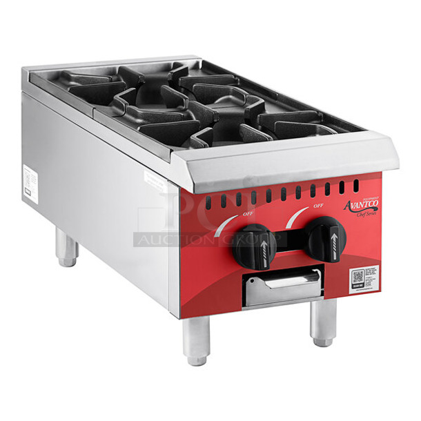 BRAND NEW SCRATCH AND DENT! Avantco 177CAGR212 Stainless Steel Commercial Countertop Natural Gas Powered 2 Burner Range. 50,000 BTU. - Item #1113230