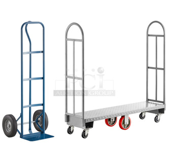 2 BRAND NEW SCRATCH AND DENT! Items; Lavex 503HDTH600BL 600 lb. Blue Hand Truck With 10" Solid Rubber Wheels and Lavex 257UB1660 16" x 60" Heavy-Duty Steel U-Boat Utility Cart - 2000 lb. Capacity. 2 Times Your Bid!