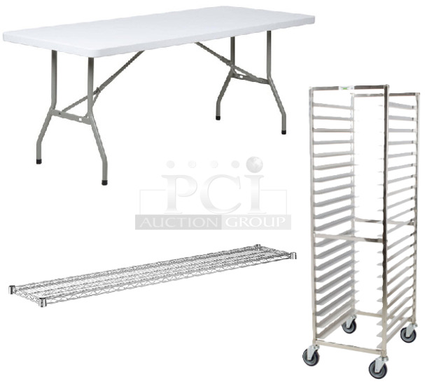 3 BRAND NEW SCRATCH AND DENT! Items; Regency 600PR203016 20 Pan End Load Stainless Steel Bun / Sheet Pan Rack - Unassembled, Regency 460EC1472 Shelf and Lancaster Table & Seating 384YCZ7230 30" x 72" Heavy-Duty Granite White Plastic Folding Table. 3 Times Your Bid! - Image 1 of 6
