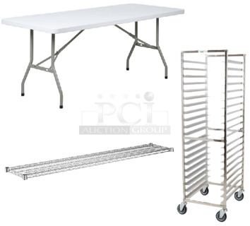 3 BRAND NEW SCRATCH AND DENT! Items; Regency 600PR203016 20 Pan End Load Stainless Steel Bun / Sheet Pan Rack - Unassembled, Regency 460EC1472 Shelf and Lancaster Table & Seating 384YCZ7230 30" x 72" Heavy-Duty Granite White Plastic Folding Table. 3 Times Your Bid!