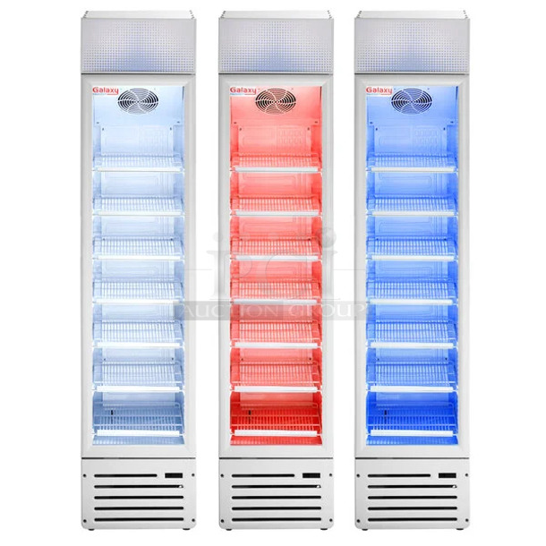 BRAND NEW! Galaxy 177GDN5RBW Metal Commercial Single Door Reach In Cooler Merchandiser w/ Poly Coated Racks and Red, White, and Blue LED Lighting. 110-120 Volts, 1 Phase. - Image 1 of 3