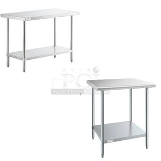 2 BRAND NEW SCRATCH AND DENT! Items Including Regency 600TS2448S 24" x 48" 16-Gauge 304 Stainless Steel Commercial Work Table with Undershelf and Steelton 522ETSG3030 30" x 30" 18 Gauge 430 Stainless Steel Work Table with Undershelf. 2 Times Your Bid! May Be Missing Pieces. 