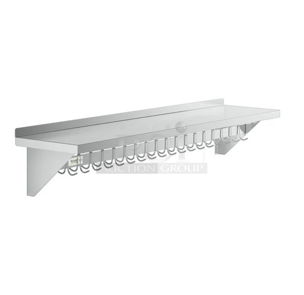BRAND NEW SCRATCH AND DENT! Regency 600PS1572 15" x 72" Stainless Steel Wall Mounted Pot Rack with Shelf and 18 Galvanized Hooks. May Be Missing Pieces.  - Image 1 of 4