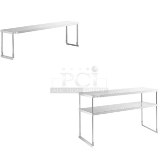 2 BRAND NEW SCRATCH AND DENT! Regency 600SOS1272 Stainless Steel Single Deck Overshelf - 12" x 72" x 19 1/4" and Avantco 178SSDOSP260 Stainless Steel Double Deck Overshelf for SSPPT-260 Series - 17 5/8" x 60 1/8". 2 Times Your Bid! May Be Missing Pieces. 