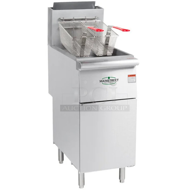 BRAND NEW SCRATCH AND DENT! Mainstreet 541FF50L Stainless Steel Commercial Floor Style Propane Gas Powered Deep Fat Fryer w/ 2 Metal Baskets. 120,000 BTU. - Image 1 of 11