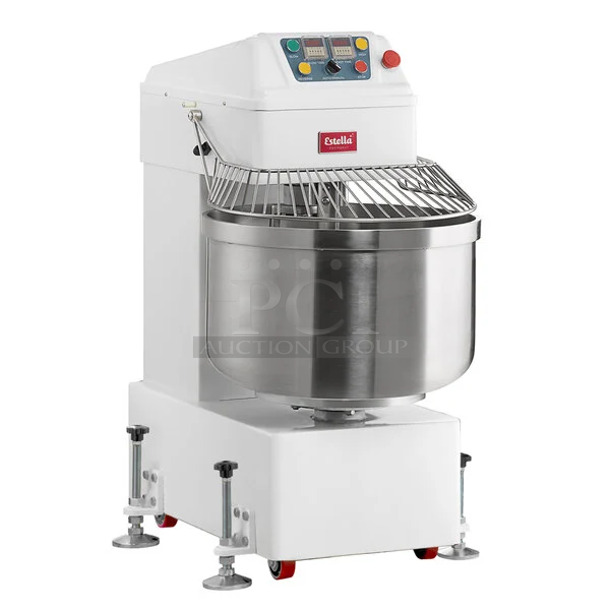 BRAND NEW SCRATCH AND DENT! Estella 348SM80 Metal Commercial Floor Style 80 Qt. / 116 lb. Two-Speed Spiral Dough Mixer w/ Stainless Steel Mixing Bowl, Bowl Guard and Dough Hook. 220 Volts, 3 Phase.  - Image 1 of 8