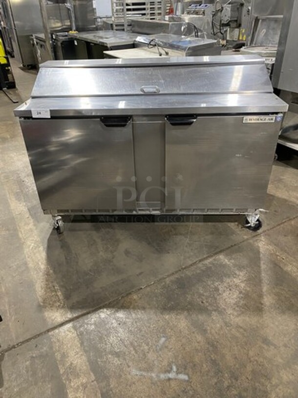 Beverage Air Commercial Refrigerated Mega Top Sandwich Prep Table! With 2 Door Storage Space Underneath! Poly Coated Racks! All Stainless Steel! On Casters! Model: SPE6016 SN: 10904853 115V 60HZ 1 Phase
