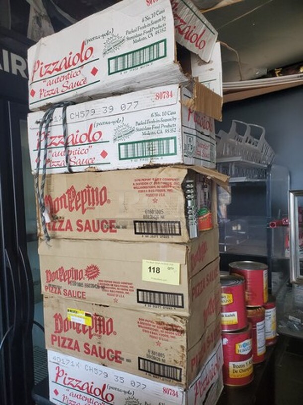 Lot of 6 full boxes (Cans of Pizza Sauce, Artichoke hearts, mushrooms) 